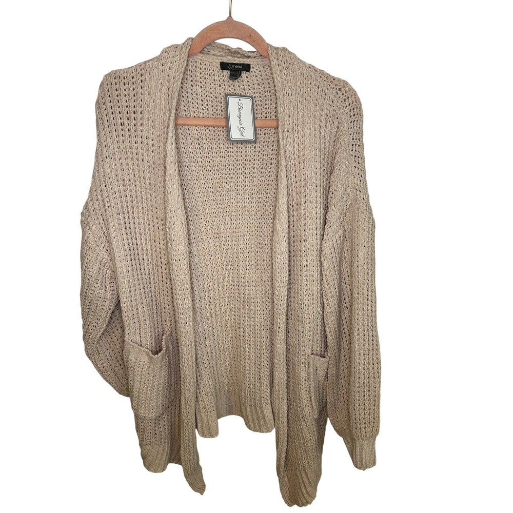 NEW &Merci‎ Beige Chunky Knit Open Front Cardigan Sweater Womens Medium Cottage